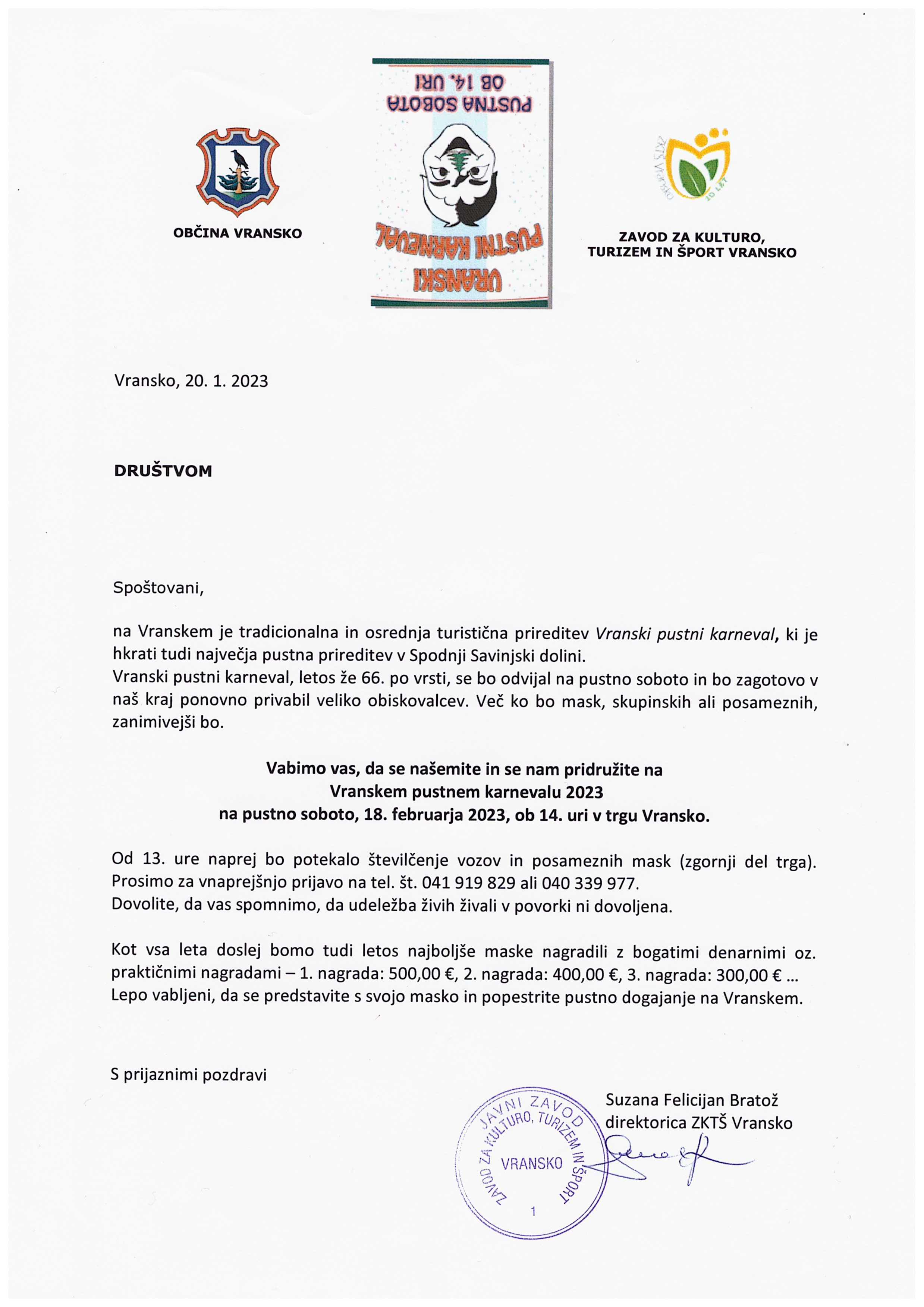 VABILO ZA SODELOVANJE NA VRANSKEM PUSTNEM KARNEVALU